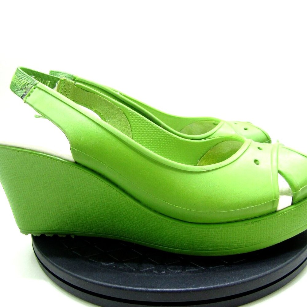 Crocs Farrah Wedge Slingback Sandals Womens 10 Green Peep Toe Casual Chic